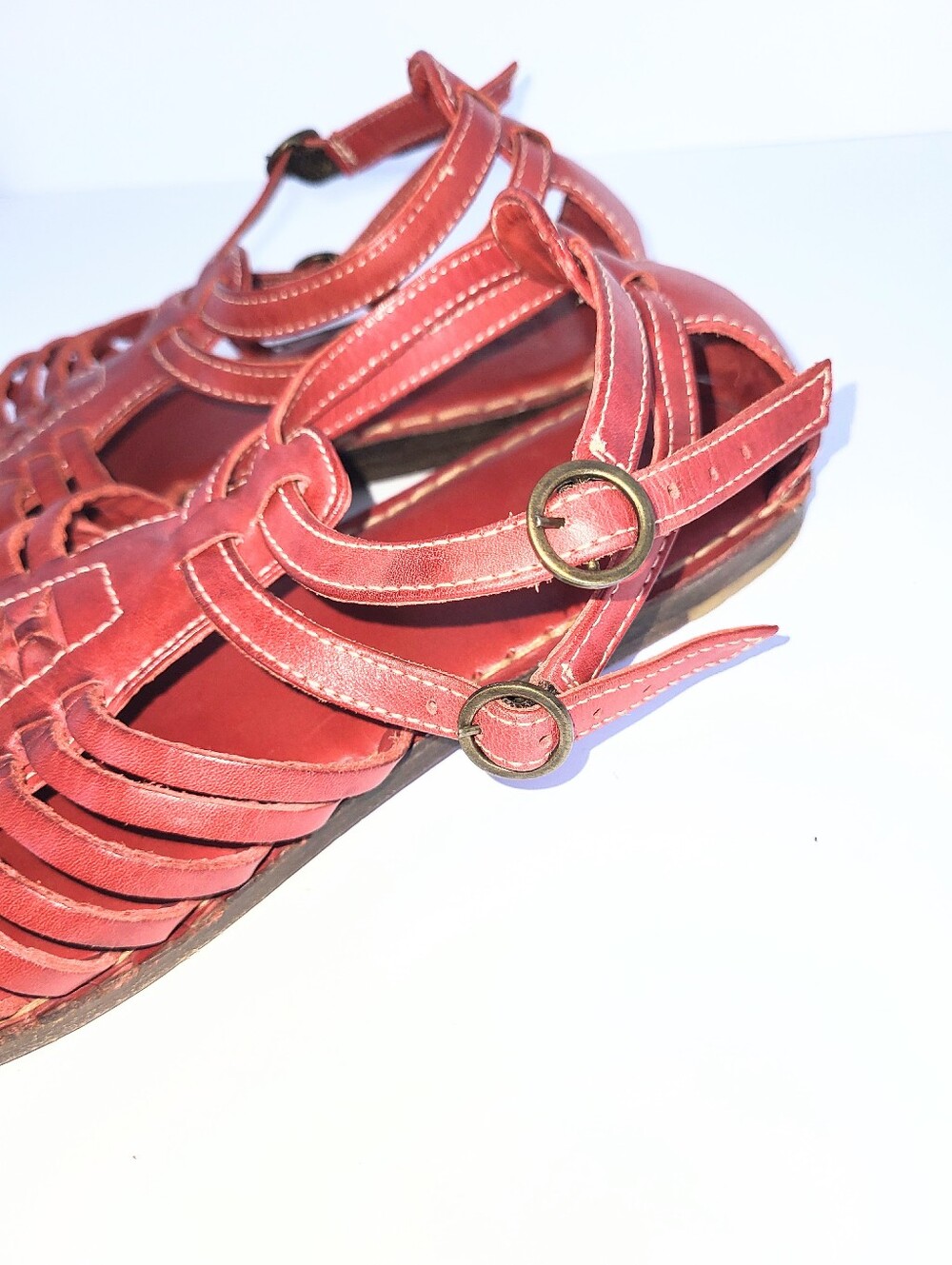 Frye Kayla Huarache Sandals Caged Gladiator Genuine Leather Oxblood Red Size 8.5 - Picture 15 of 16